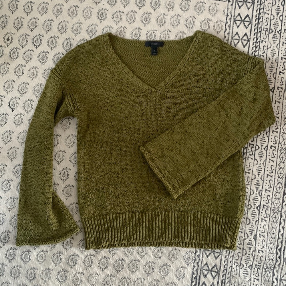 J.Crew Flare Sleeve V-Neck Loose Knit Sweater Green Size Small